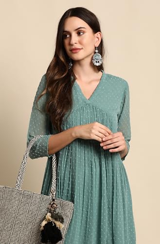 Image of Janasya Women's Dobby Chiffon Self Design Flared Kurta