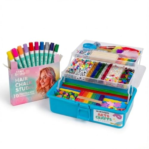 Blue Squid Arts & Crafts Box (Blue)- 2800+ pcs Deluxe Craft Supplies Box with Hair Chalk for Girls Pens – 10 Vibrant Temporary Hair Color for Kids