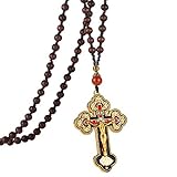 COTTVOTT Wood Rosary Beads Cross Necklace Men Prayer Orthodox Crucifix Jesus Pendant Necklace (Gold Color)
