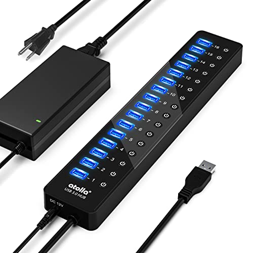 Hub USB 3.0 de alimentación, divisor USB atolla de 16 puertos con adaptador de corriente de 12 V/6 A e interruptores individuales, transferencia de datos de alta velocidad para laptop, PC, Mac y más dispositivos