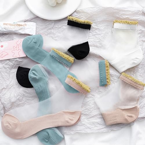 Image of FuninCrea 6 Pairs Sheer Socks, Summer Mesh Socks for Women Girl, Breathable Lace Socks Thin Cute Ruffle Socks (M, Blue+Khaki), 3T