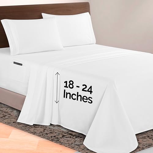Image of Elegant Comfort Luxurious 1500 Premium Hotel Quality Microfiber 4-Piece Sheet Set, 18-24 Inches Deep - Extra Deep Pocket Sheets - Ultra Soft 4PC Deep Pocket Sheets, King, White