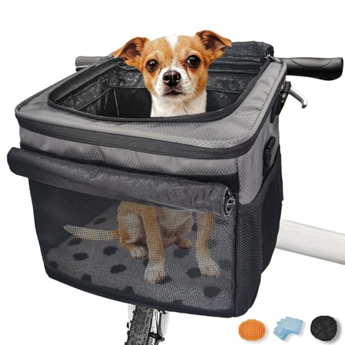 VeluXanipyr Dog Bike Basket Cat Backpack Carrier Dog Bike Carrier Hard Pet Car Seat with Extended Single Shoulder Strap Pet Shoulder Bag with Pet Bath BrushDisposable Pee Pads 5pcs Gray