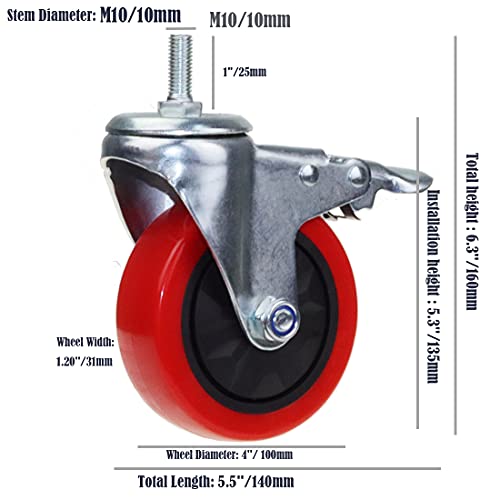 Image of Heavy Duty Stem Caster Wheels M10-1.5X25mm Dual Locking No Noise PVC Threaded Stem Caster Wheels Pack of 4 for Workbench, Dolly, Furniture (4 Inch, Red)