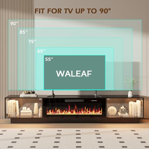 Image of WALEAF 80 inch Fireplace TV Stand, Modern Glass TV Table Stand with Fireplace for TVs Up to 90 inch, LED Light Entertainment Center with Large Storage, TV Consoles for Living Room (Black+Glass Door, 80 inch)