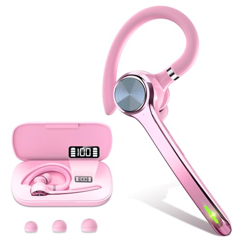 HEIBAS Bluetooth Headset, Wireless Bluetooth Earpiece with 500mAh Charging Case 72 Hours Talking Time Built-in Microphone for iOS Android Cell Phone, V5.1 Hand-Free Headphones for Trucker, Office-Pink