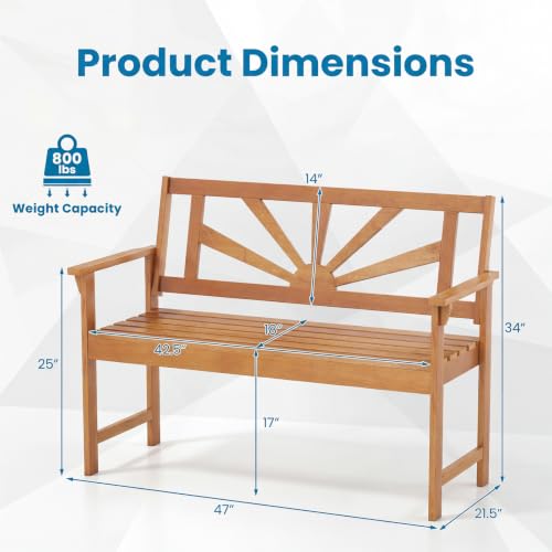 Image of Giantex Outdoor Wooden Bench, 2-Person Patio Garden Loveseat | Patio Bench with Armrests and Backrest, Acacia Wood Garden Bench Seating for Backyard, Front Porch and Park, 800 lbs Max Load