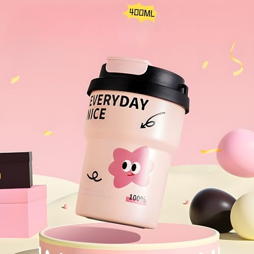 Image of Motka 400ml Stainless Steel Vacuum Insulated Coffee Tumbler with Straw & Direct Sip Lid | Travel Mug | Leak-Resistant | Reusable Cup with Strap | Sipper for Hot & Cold Drinks | Thermos Flask | Pink