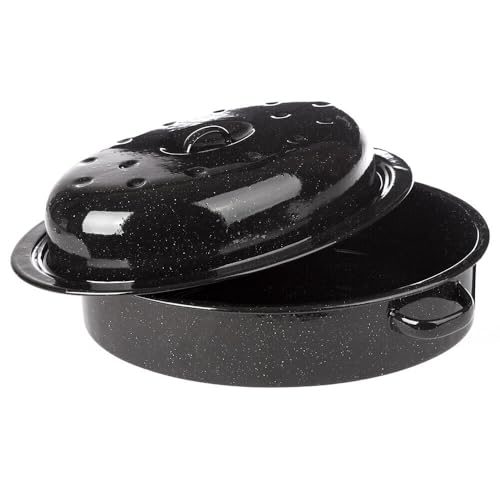 30cm Oval Black Speckled Self Basting Enamel Casserole Dish Roaster and Lid
