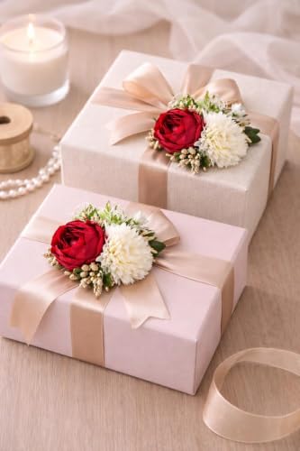 Image of SATYAM KRAFT 18 Pcs Handmade Artificial Peonies Flower Bunch for Hamper, Flower Brooch Hamper, Trousseau Packing, Decoration, Gifting, DIY Craft & Wedding (Red Bunch)