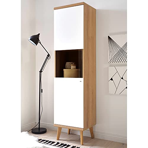 Lomadox Retro Stand-Vitrine weiß matt mit Eiche Riviera Nb. Breite ca.: 50 cm