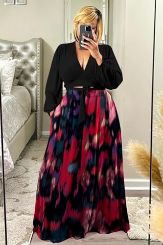 Image of Plus Size Women's 2 Piece Outfits Casual Long Sleeve Wrap Crop Top Maxi Long Dress Flowy Matching Sets