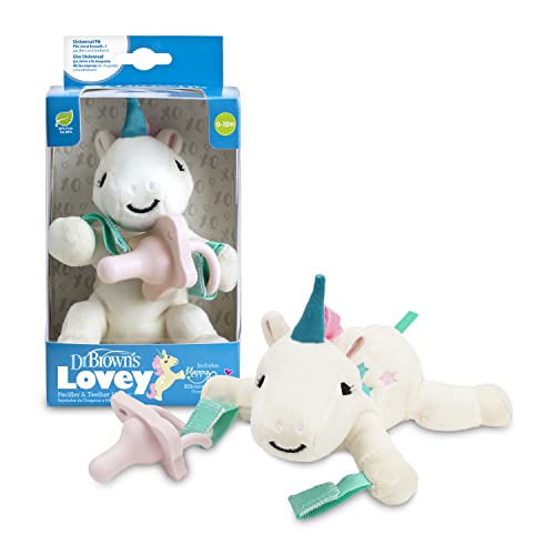 Image of Dr. Brown's Baby Lovey Pacifier & Teether Holder, Unicorn with Pink HappyPaci, 100% Silicone, 0-6m
