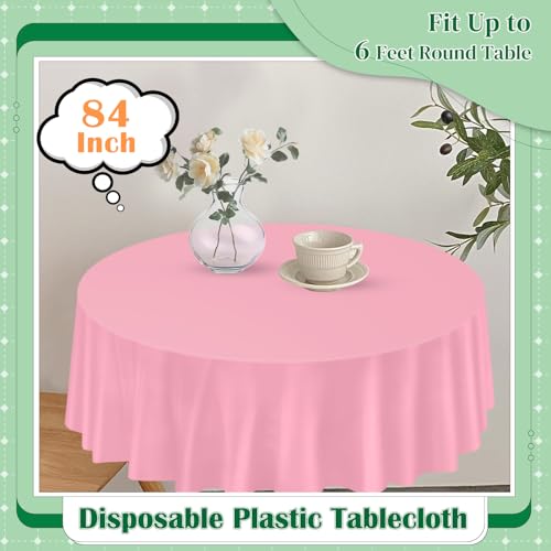 Image of Pink 14 Pack 84 Inch Plastic Tablecloths, Disposable Round Plastic Tablecloth, Party Table Cover Plastic Table Cloth