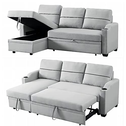 Ucloveria Reversible Sectional Sofa Couch, 82" Sleeper Sofa Bed With Storage Chaise Pull Out Couch Bed For Living Room L-Shape Lounge 2 In 1 Sectional Couch With Cup Holder, Grey #TOP9