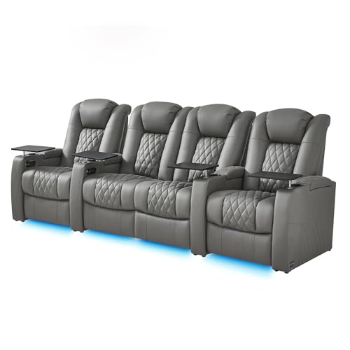 comfiroom Leather Home Theater Seating, Classic Series Dual Power Electric Headrest Game Seats Movie Theater Chairs Recliner Sofa with Type-C USB Charger (Grey, Row of 4 Loveseat Middle)