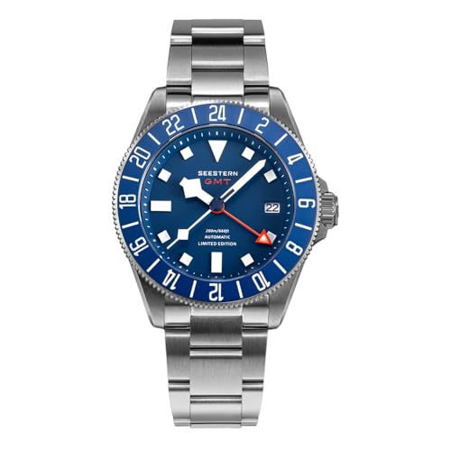 Seestern S462 Automatik Titan GMT Blau Datumsanzeige Saphir 24h Herrenuhr, blau, Armband