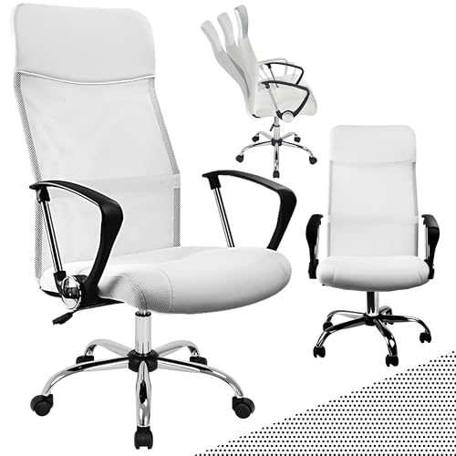 CASARIA® Silla Giratoria de Oficina Escritorio Ergonómica Malla Transpirable 5 Ruedas Respaldo Alto Ajustable 46-60 cm Función Balanceo Soporte Lumbar Blanco