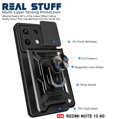 Image of Armor Bumper Back Cover Case for REDMI Note 13 5G Rotating Camera Cover, Ring Holder & Kickstand | Heavy Duty & 360 Degree Protection REDMI Note 13 5G Back Cover (Black)