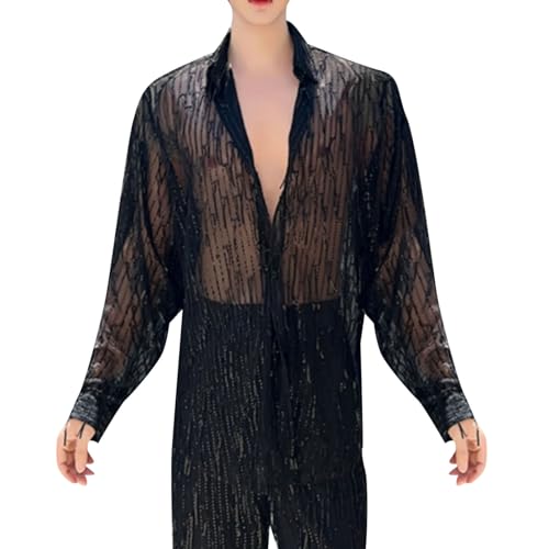 Camisa de discoteca para hombre de manga larga con cuentas y flecos negros