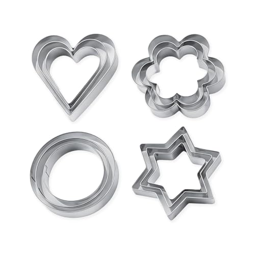DIPZO Juego de 12 Cortadores de Galletas, Moldes de Acero Inoxidable en Formas de Estrella, Corazón, Redondo y Flor para Hornear, Cocina, San Valentín y Navidad