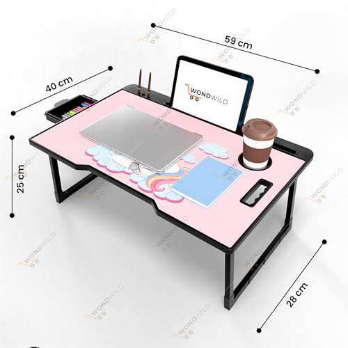 Image of WONDWILD Smart Multipurpose Foldable Laptop Table with Cup Holder, Study Table, Bed Table, Breakfast Table, Foldable and Portable /Ergonomic & Rounded Edges /Non-Slip Legs (ABS UK)