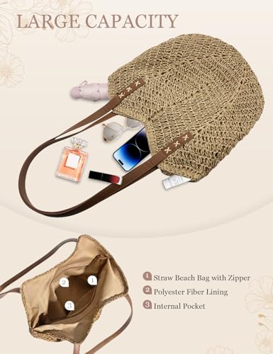 Beach Bags for Women with Zipper, Large Straw Bag Woven Tote Bag Straw Shoulder Bag for Summer Vocation4