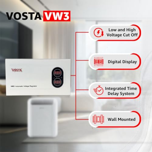 Image of Vosta VW3 3KVA Voltage Stabilizer for AC 1.5 Ton, Treadmill, TV and Other Home Appliances Comes with Copper Toroidal Coil, 4 Relays, Metal Body, Input 140V~260V Output 220V 1Year Warranty, LED Display