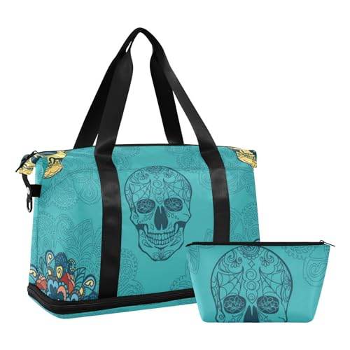 ALAZA Sweet Skulls Gym Bag Sports Duffel Bag with Shoes Compartment, Overnight Weekender Travel Tote Bag for Women Men Trip College