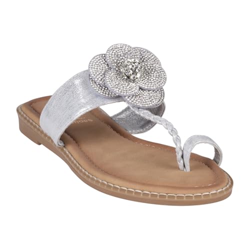 G.C. Shoes Women's Blossom Silver Embellished Flower Toe Ring Flat Sandals Silver / 7