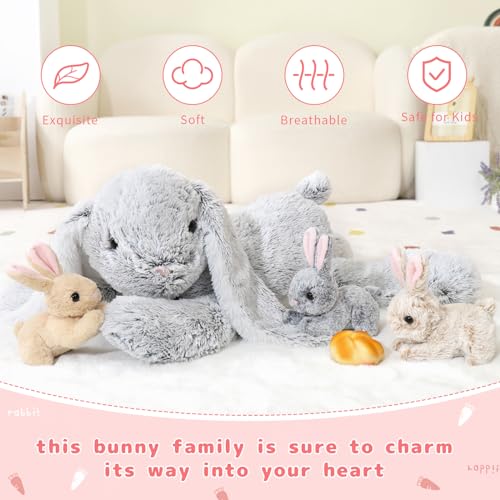 MorisMos Grau Kaninchen Hase Kuscheltier XXL, 60cm Riesen hase Plüschtier mit 3 Baby im Bauch, Groß Kaninchen XXL Stofftier Weich Spielzeug, Ostern Geburtstag Weihnachten Geschenk für Kinder
