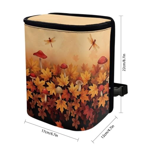 Image of Talayituse Dragonfly Maple Leaf Mushroom Print Car Trash Can with Lid, Leak Proof Auto Trash Bag Hanging Vehicle Garbage Can Multipurpose Storage Container for Back Seat Road Trip Fall Decor