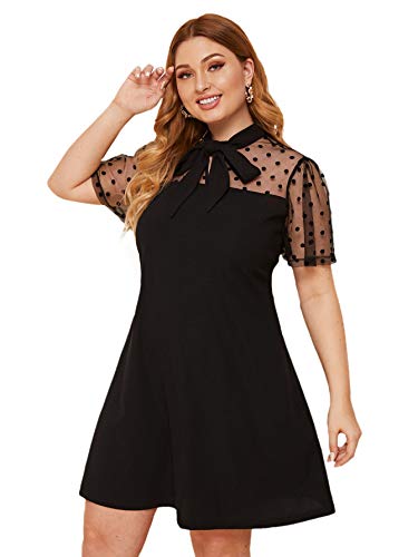 Romwe Women's Plus Size Contrast Mesh Short Sleeve Bow Tie Neck A-Line Party Dress Black 1X #TOP2