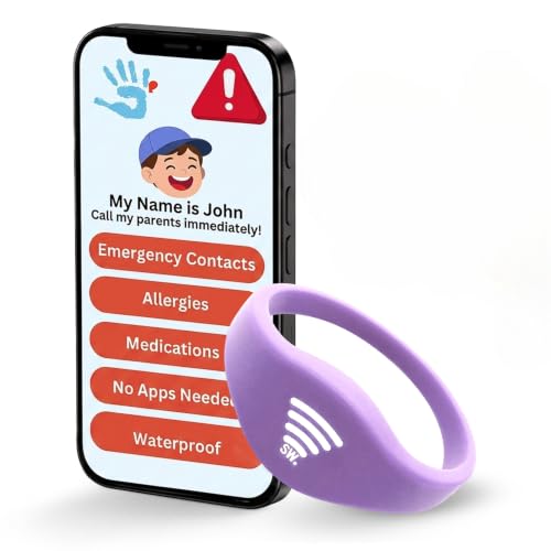 Image of Kids ID Bracelet - Fitted NFC Safety Wristband, Slip-On Child ID Band for Emergency Contact Info, Waterproof Silicone, Not GPS, Wear on Wrist or Ankle, Ideal for Theme Parks, Travel & Beaches