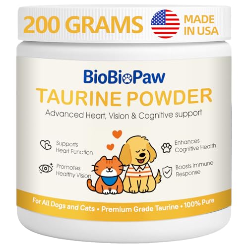 Pure Taurine for Dogs & Cats Taurine Powder Supplement for Pet Puppy Kitty 500mg Unflavored Easy-to-Mix Taurine Supplement for Doggy Supports Immune Heart Vision Skin Vitality Made in USA 200 Grams