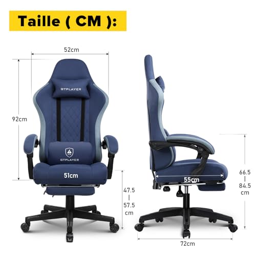 GTPLAYER Chaise Gaming Bureau Ergonomique Fauteuil Gaming Leathaire, accoudoir inclinable, avec Repose-Pieds Bleu foncé – Image 3