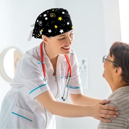 Image of Women's Working Caps Bouffant Surgical Cap with Bow Scrunchies Little Daisy Art Paint Ponytail Holder Tie Back Scrub Hat