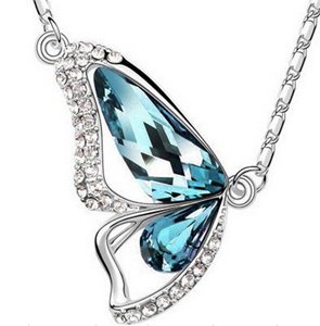 Jovana Butterfly Wings Shaped Faux Crystal Silver Plated Rhinestone Necklace (Blue Color)