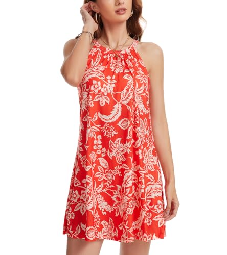 Image of ANYFITTING Summer Dress with Built in Bra Casual Beach Sundress Flowy Halter Mini Short Dresses for Women 2026