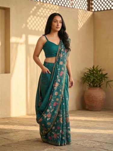 Image of SAMANTHA Black Floral Print Ready to Wear Linen Saree with Pocket & Adjustable Belt