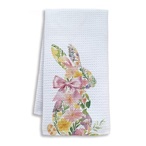 Image of Spring Floral Bunny Kitchen Towels, Coquette Bow Easter Bunny Dish Tea Towels for Kitchen, Cottagecore Flower Rabbit Decorative Hand Towel for Bathroom Decor, 16x24 Inch