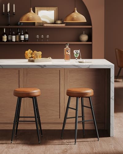 Image of VASAGLE EKHO Collection - Bar Stools Set of 2, Kitchen Counter Stools, Breakfast Stools, Synthetic Leather with Stitching, Mid-Century Modern, 24.8-Inch Tall, Home Bar, Caramel Brown ULBC080K01V1 | Breakfast Stools, Synthetic Leather with Stitching, Mid-Century Modern, Home Bar, Caramel Brown, EKHO Collection ULBC080K01