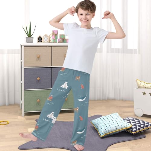Boy's Pj Pants Whale Polar Bear Fox Sailboat Lounge Bottoms Elastic Waist Kids Joggers with Pockets Size 6-144
