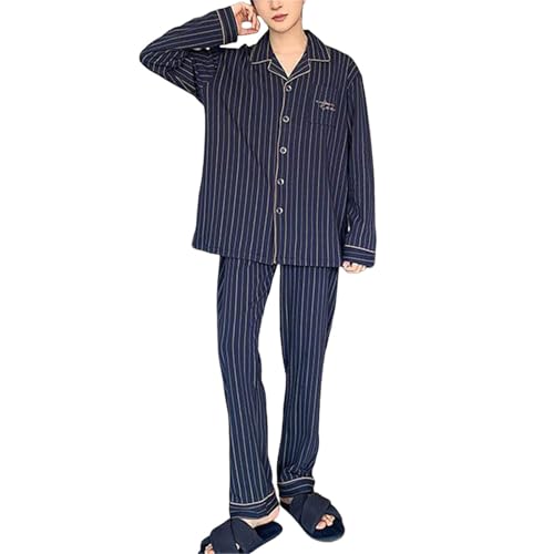 Mens Cotton Pajama Set, Long Sleeve Soft Pajamas for Men Lapel Neck Button Down Top and Pants Pajama Set with Pocket