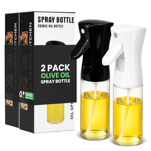BOKKY Olive Oil Sprayer for Cooking 2 in 1, 220ml Glass Olive Oil Spray Bottle with Continuous Fine Mist, Food Grade Oil Sprayer for Air Fryer, Salad, BBQ, Baking, Frying (Black & White / 2 Pack)