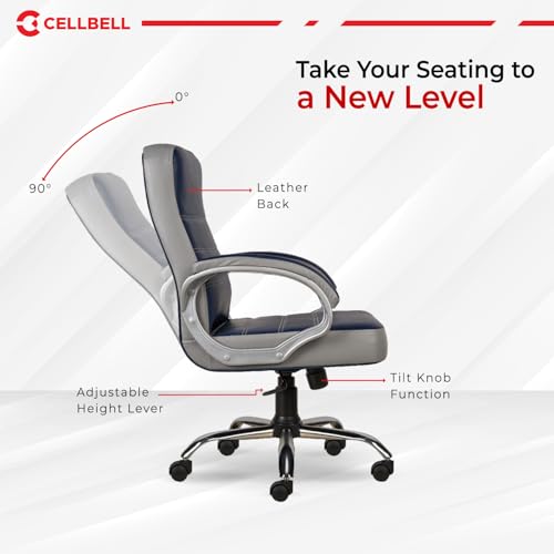 Image of CELLBELL C99 Apex Ergonomic High Back Executive Boss Chair for Home & Office | Leatherette Computer Chair with 4-Inch Cushioned Seat, Padded Armrests, 120 Tilt Height Adjustable (Navy Blue & Grey)