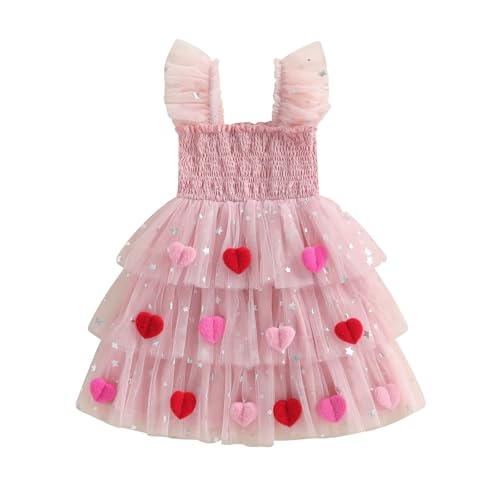 Toddler Valentines Outfit Girl Baby Heart Fly Sleeve Mesh Layered Princess Dress Little Girls Summer Tulle Dresses (Pink 4-5 Years)