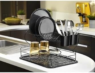 Alper Banyo Ömür Boyu Paslanmaz Siyah Bulaşık Süzgeci İki Katlı Tabaklık Bulaşıklık Termo Plastik Kaplama - Görsel 1