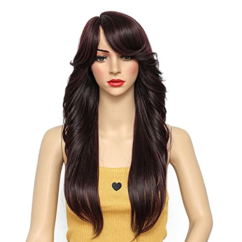 Balbrith Wigs for Black Women Wig with Bangs Long Curly Hair Wave Burgundy