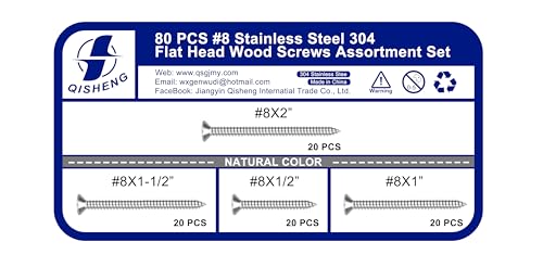 Image of QISHENG 80 PCS #8 Stainless Steel Phillips Flat Head Wood Screws Assortment Set,Stainless Steel 18-8 A2(304) Screw,Home Screw Kit
